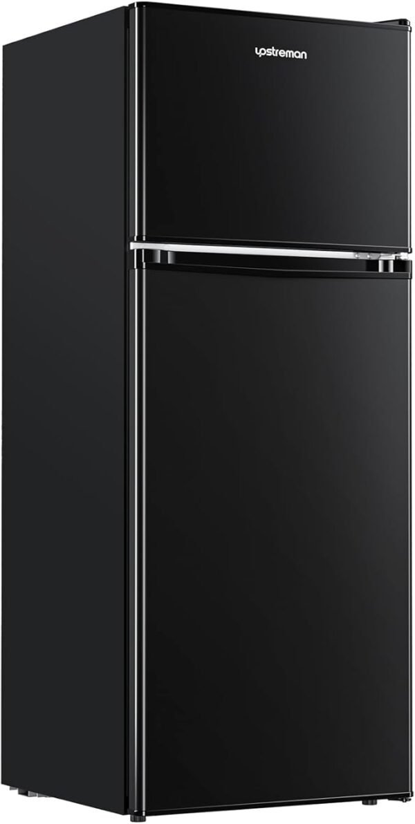 Upstreman 4.0 Cu.Ft. Mini Fridge with Freezer, Dorm Essentials, Double Door Small Refrigerator for Office, Dorm, Bedroom, Adjustable Thermostat, Large Capacity, Black-BR401