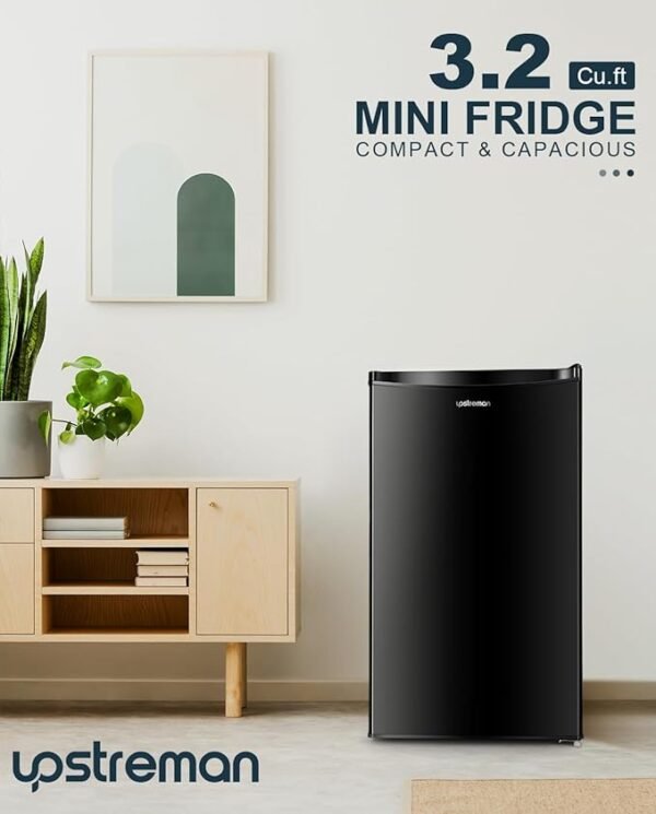Upstreman 3.2 Cu.Ft Mini Fridge with Freezer, Single Door Mini Fridge, Dorm Fridge, Adjustable Thermostat, Mini Refrigerator for Bedroom, Office, Dorm, Black-BR321 - Image 6