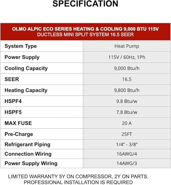 OLMO Alpic 9,000 BTU, 110/120V Ductless Mini Split AC/Heating System With Heat Pump Including 16ft Installation Kit… - Image 3
