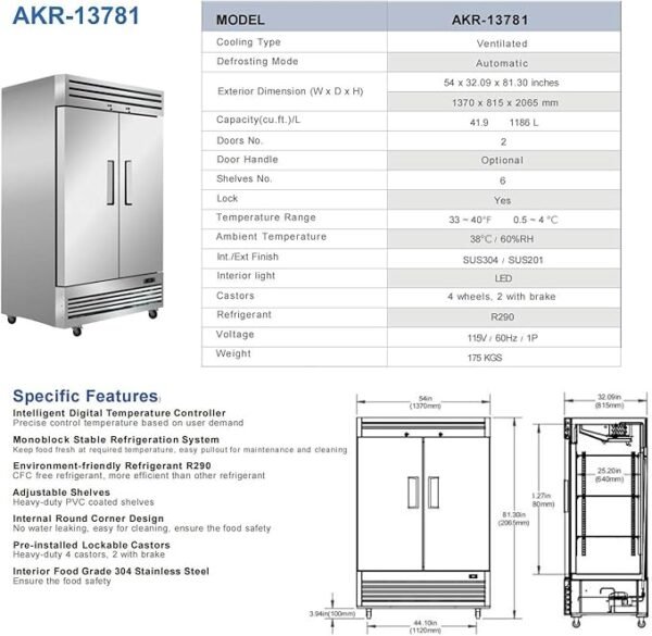 Commercial Refrigerator 2 doors Stainless Steel Solid 54\" Width, Capacity 43Cuft, 110V for Restaurant Kitchen Cooler Fridge all32dup1 - Image 2