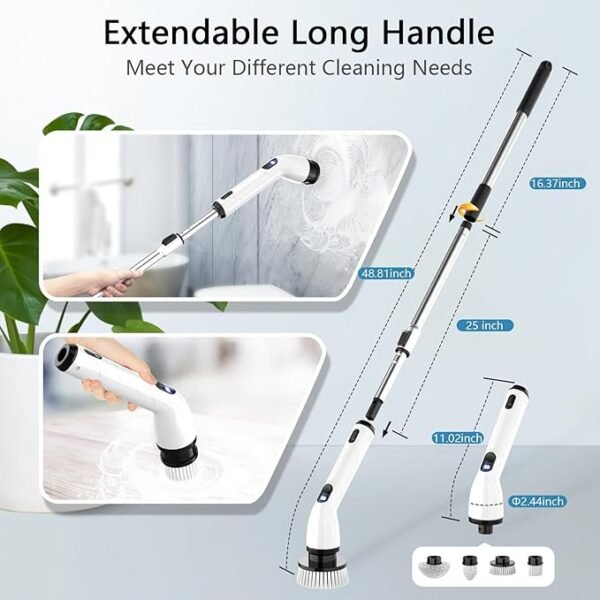 TUYU Electric Spin Scrubber, Full-Body IPX7 Waterproof Bathroom Scrubber with Power LCD Display, Adjustable Extension Handle, Cordless Shower Cleaner Brush for Bathtub Kitchen Wall Cleaning - Image 4