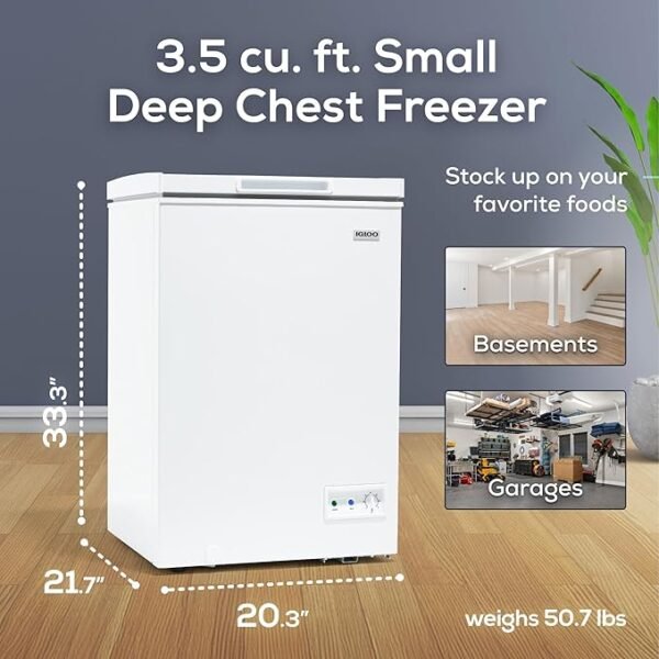 Igloo ICFXX35WH6AD Chest Freezer with Removable Basket and Front Defrost Water Drain, Small Deep Freezer Perfect for Homes 3.5 Cu.Ft., White - Image 2