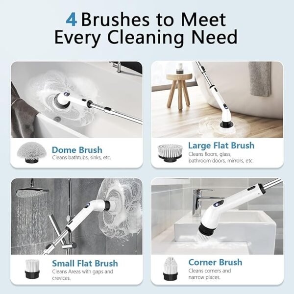 TUYU Electric Spin Scrubber, Full-Body IPX7 Waterproof Bathroom Scrubber with Power LCD Display, Adjustable Extension Handle, Cordless Shower Cleaner Brush for Bathtub Kitchen Wall Cleaning - Image 3