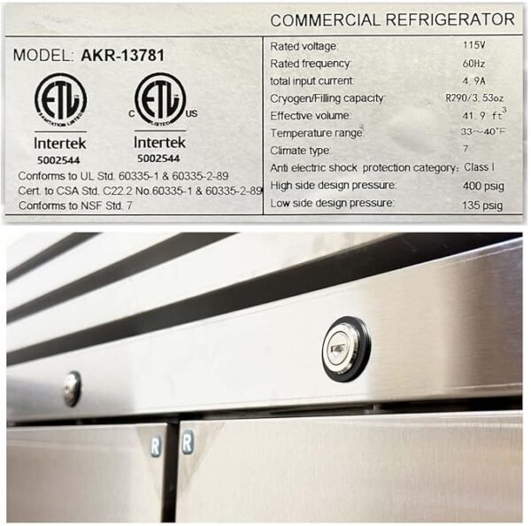 Commercial Refrigerator 2 doors Stainless Steel Solid 54\" Width, Capacity 43Cuft, 110V for Restaurant Kitchen Cooler Fridge all32dup1 - Image 6