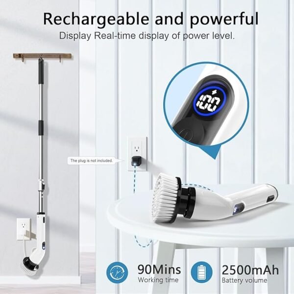 TUYU Electric Spin Scrubber, Full-Body IPX7 Waterproof Bathroom Scrubber with Power LCD Display, Adjustable Extension Handle, Cordless Shower Cleaner Brush for Bathtub Kitchen Wall Cleaning - Image 5