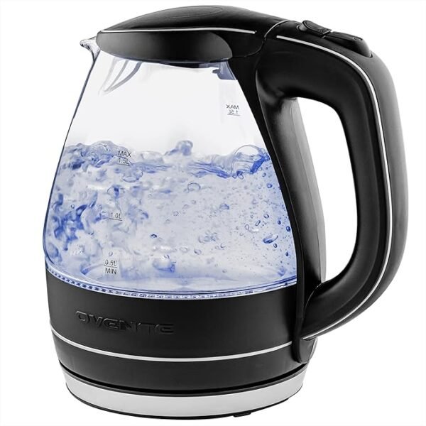 OVENTE Electric Kettle, 1.5L Borosilicate Glass Countertop Water Heater and Boiler for Coffee or Tea, BPA-Free, Auto Shut-Off, Boil-Dry Protection, Removable and Washable Spout Filter, Black KG83B