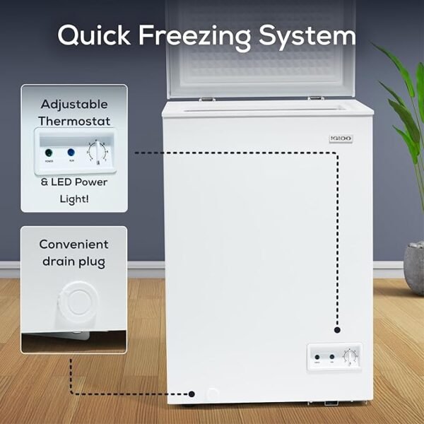 Igloo ICFXX35WH6AD Chest Freezer with Removable Basket and Front Defrost Water Drain, Small Deep Freezer Perfect for Homes 3.5 Cu.Ft., White - Image 5