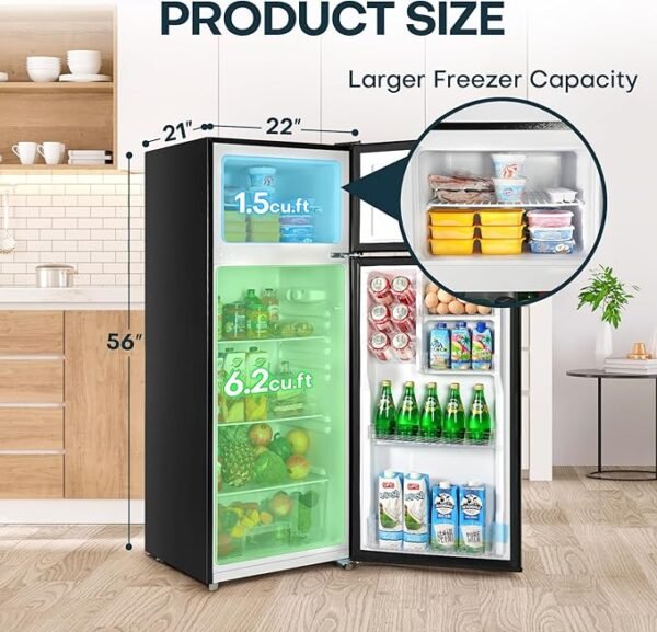 Upstreman 7.7 Cu.Ft. Refrigerator with Freezer, Double Door Refrigerator, Adjustable Thermostat, Large Capacity, Reversible Door Swing, Refrigerator for Apartment, Office, Dorm, Black（BD75） - Image 2