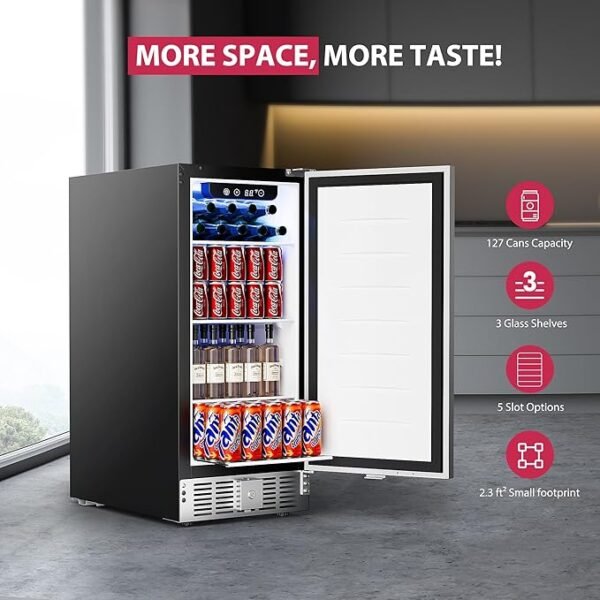 15 Inch Beverage Cooler Under Counter Built-in Beverage Refrigerator,127 Cans Mini Fridge with Glass Removable Shelves for Drink Beer Soda Wine Water - Image 2