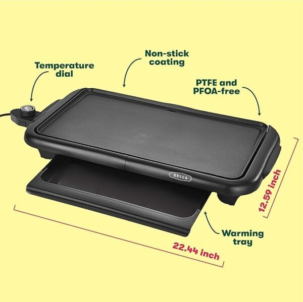 bella Electric Griddle with Warming Tray - Smokeless Indoor Grill, Nonstick Surface, Adjustable Temperature & Cool-touch Handles, 10\" x 18\", Copper/Black - Image 4