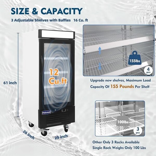 12 Cu. Ft Commercial Freezer with Glass Door, 25\" Display Freezer Single Door Merchandiser Freezer Temperature 41°F to -10°F with LED Light, Small Space Upright fridge for Restaurant, shop - Image 4