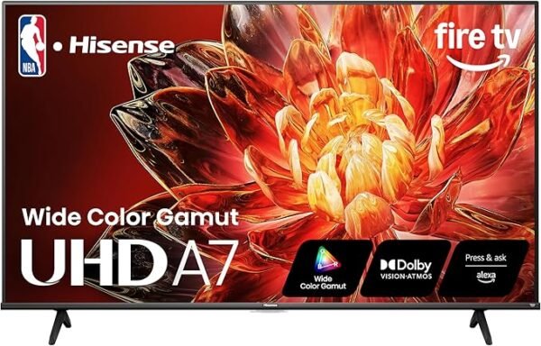 Hisense 55\" Class A7 Series 4K UHD Smart Fire TV (55A7NF) - Wide Color Gamut, HDR10+, Dolby Vision, Dolby Atmos, AI Sports Mode, Game Mode, ALLM, Alexa Built in with Voice Remote, Streaming TV, Black