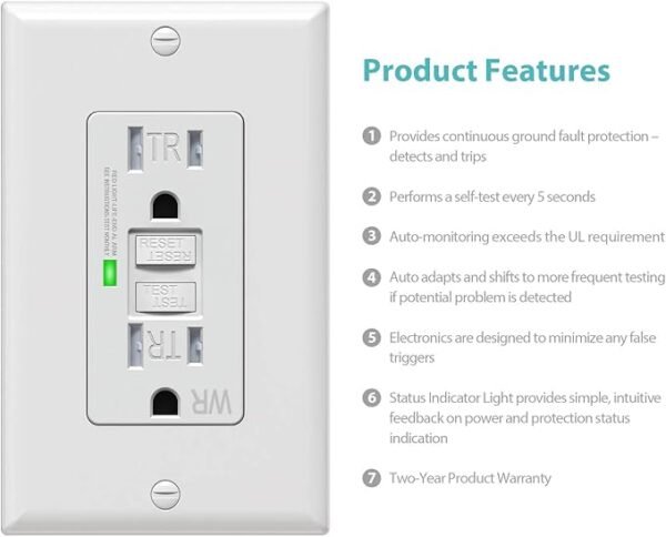 [10 Pack] WEBANG Self-Test GFCI Outlets, Tamper-Resistant and Weather-Resistant, GFCI Receptacle with LED Indicator, Decorative Wall Plates and Screws Included, 15 Amp/125 Volt, UL Listed, White - Image 2