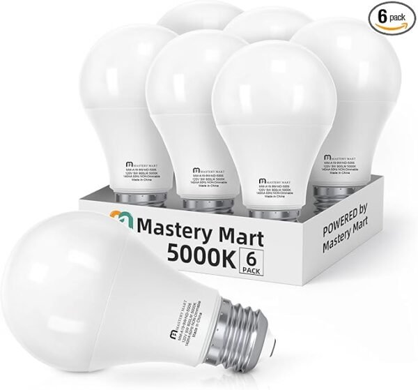 MASTERY MART Premium LED Light Bulbs 9W (60 Watt Equivalent), A19 Standard Bulbs, 800 LM 15000 Hours, E26 Base, 5000K Daylight White, Non-Dimmable, 9W LED for Bedroom Living Room, 6 Pack
