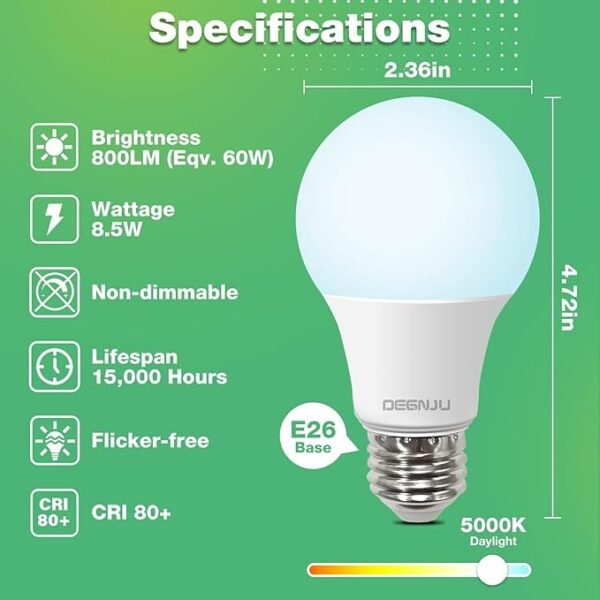 LED Light Bulbs Daylight 5000K, 60 Watt Equivalent LED Bulbs, A19 Standard Bulbs, 800 LM, 15000 Hours, E26 Base, Non-Dimmable, 8.5W LED Bulbs for Bedroom Living Room 24 Pack - Image 3