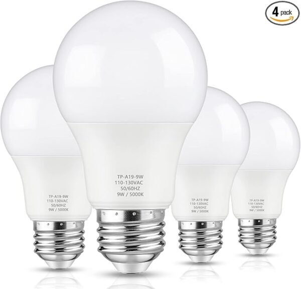 A19 LED Light Bulbs, 60 Watt Equivalent LED Bulb, Daylight White 5000K, 850 Lumen, E26 Base, Non-Dimmable, 9W Bright White LED Bulb, 4-Pack
