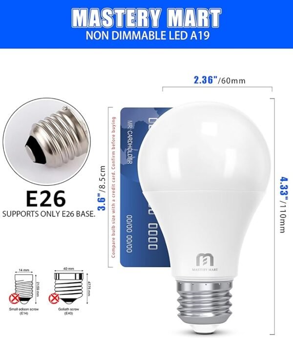 MASTERY MART Premium LED Light Bulbs 9W (60 Watt Equivalent), A19 Standard Bulbs, 800 LM 15000 Hours, E26 Base, 5000K Daylight White, Non-Dimmable, 9W LED for Bedroom Living Room, 6 Pack - Image 3