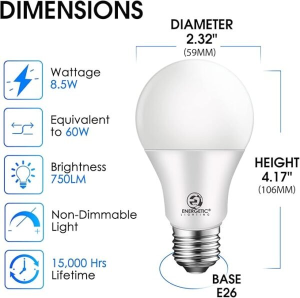 Energetic 24-Pack A19 LED Light Bulb, 60 Watt Equivalent, Daylight 5000K, E26 Medium Base, Non-Dimmable LED Light Bulb, UL Listed - Image 2