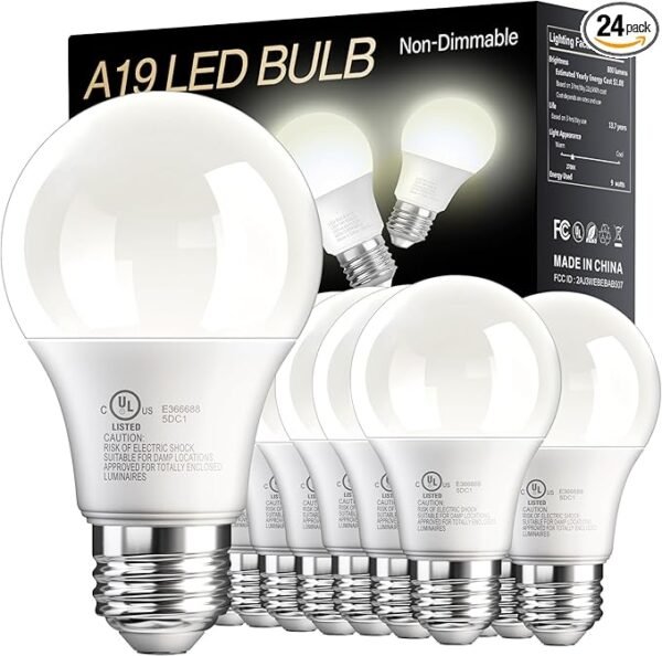 24 Pack LED Light Bulbs Daylight White 5000K, 60 Watt Equivalent A19 LED Bulb, 9W E26 Standard Base, 800 Lumens 15000 Hours 120V, Non-Dimmable, Bright Energy Saving Lightbulbs for Bedroom Indoor