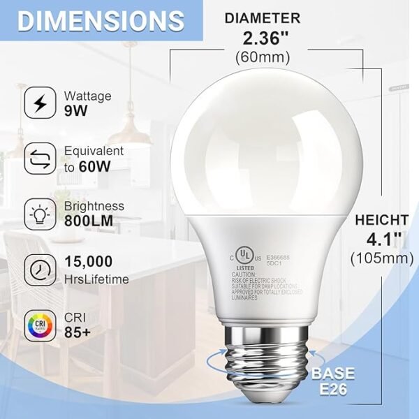24 Pack LED Light Bulbs Daylight White 5000K, 60 Watt Equivalent A19 LED Bulb, 9W E26 Standard Base, 800 Lumens 15000 Hours 120V, Non-Dimmable, Bright Energy Saving Lightbulbs for Bedroom Indoor - Image 2