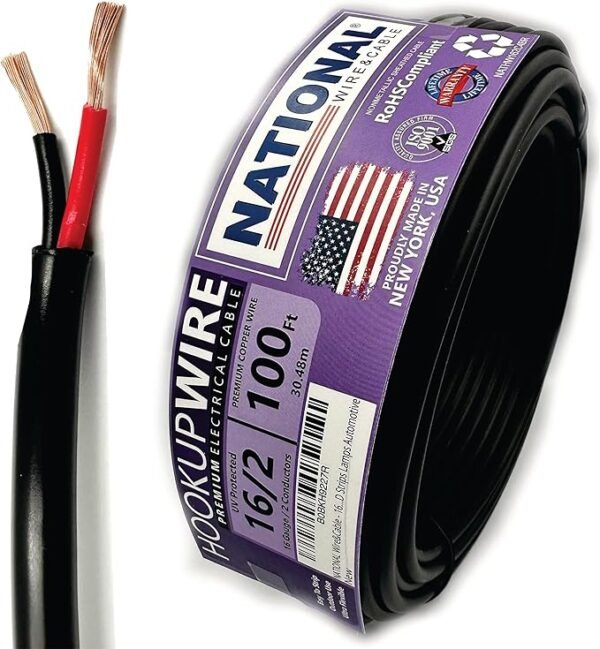 NATIONAL Wire&Cable - 16 Gauge 2 Conductors Premium Electrical Wire - Made in USA - 16 AWG Wire Stranded PVC Cord Copper Cable 100 Ft. Flexible Low Voltage LED Cable Lamps Lighting Automotive